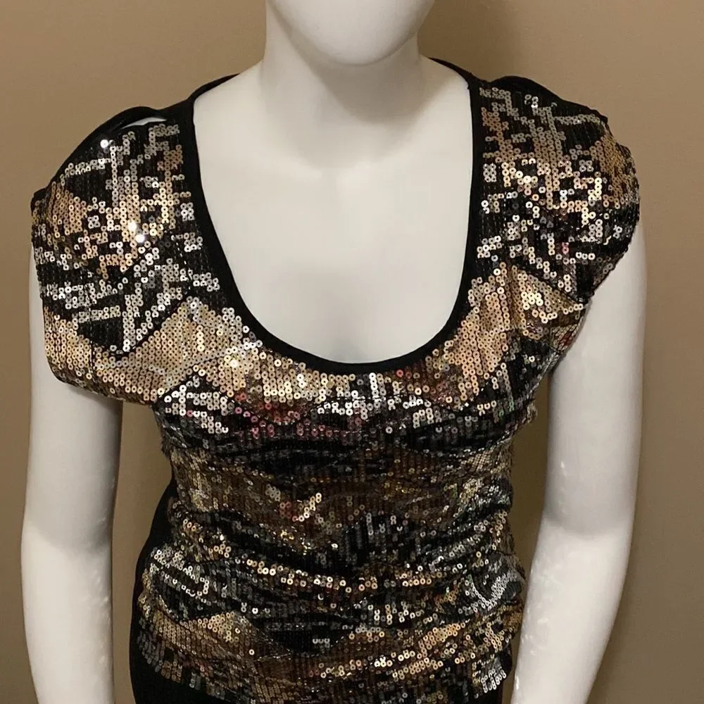 2B Bebe Black/Gold/Silver Sequin Top - Size M